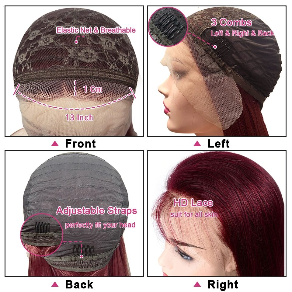 13x4Transparent LaceWigs Synthetic Straight Burgundy Wig Pre Pluck HeatResistant