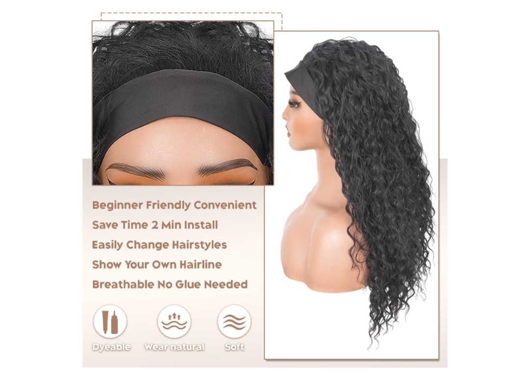 Curly Headband Wig for Women, 20 Inch Wear and go (Natural Black)