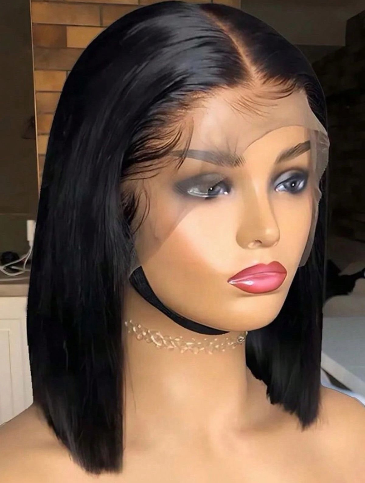 Black Straight Bob Lace Front Wig humain hair Heat-Resistant Adjustable 4 Combs