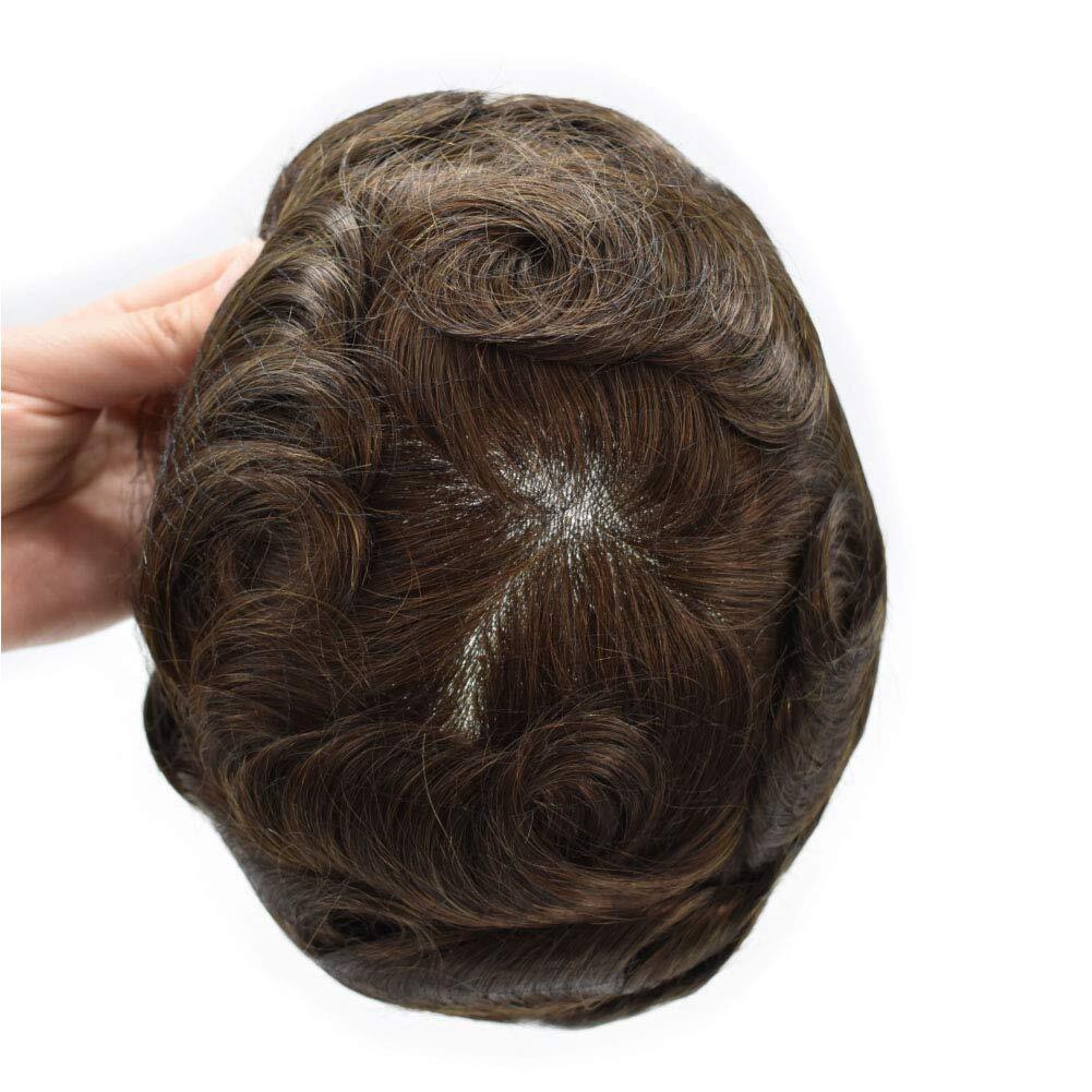 Mens Toupee Human Hair Piece Full Poly Thin Skin Men Hair Replacement SystemsUS