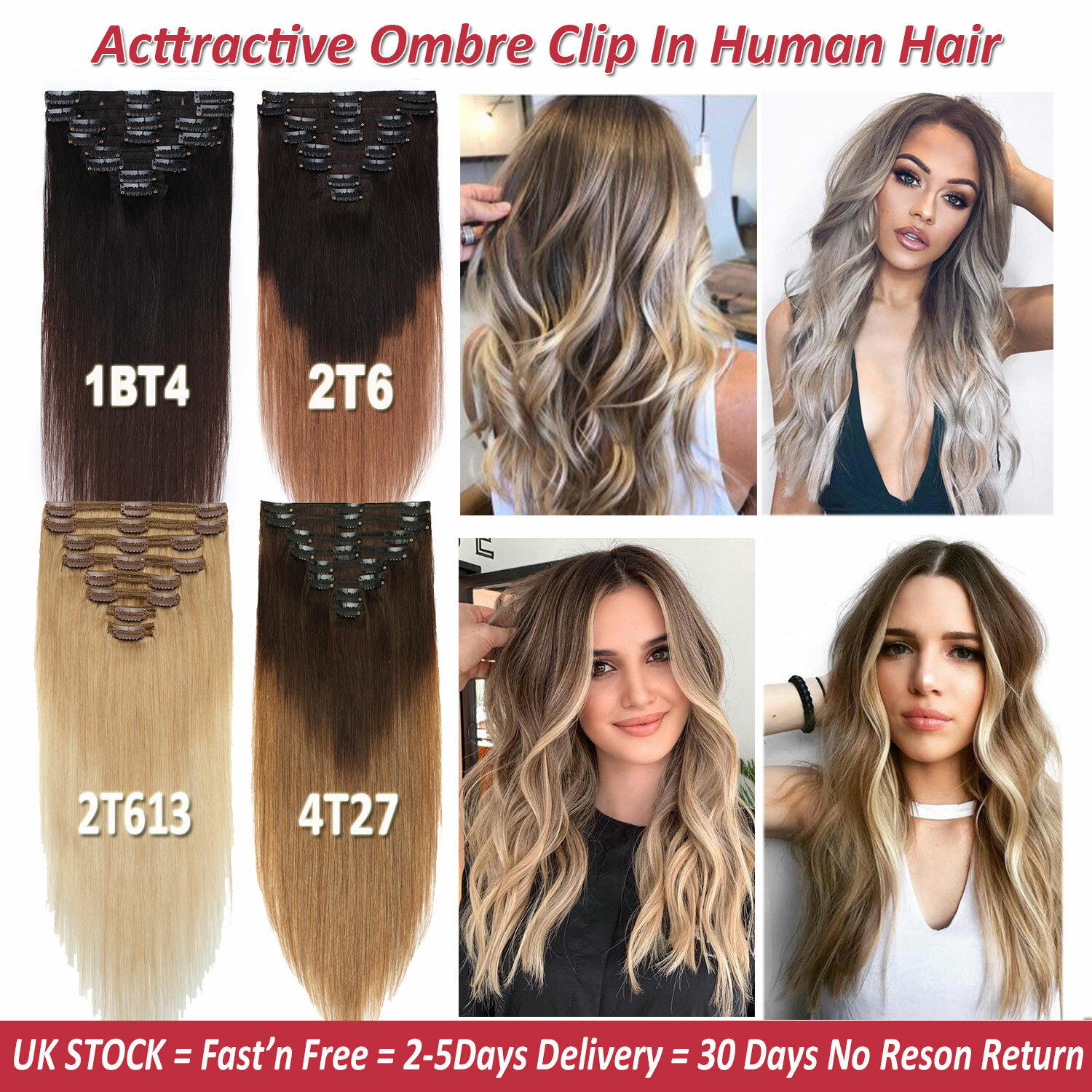 100% Real Russian Clip in Remy Human Hair Extensions 8 Pieces Full Head Blonde