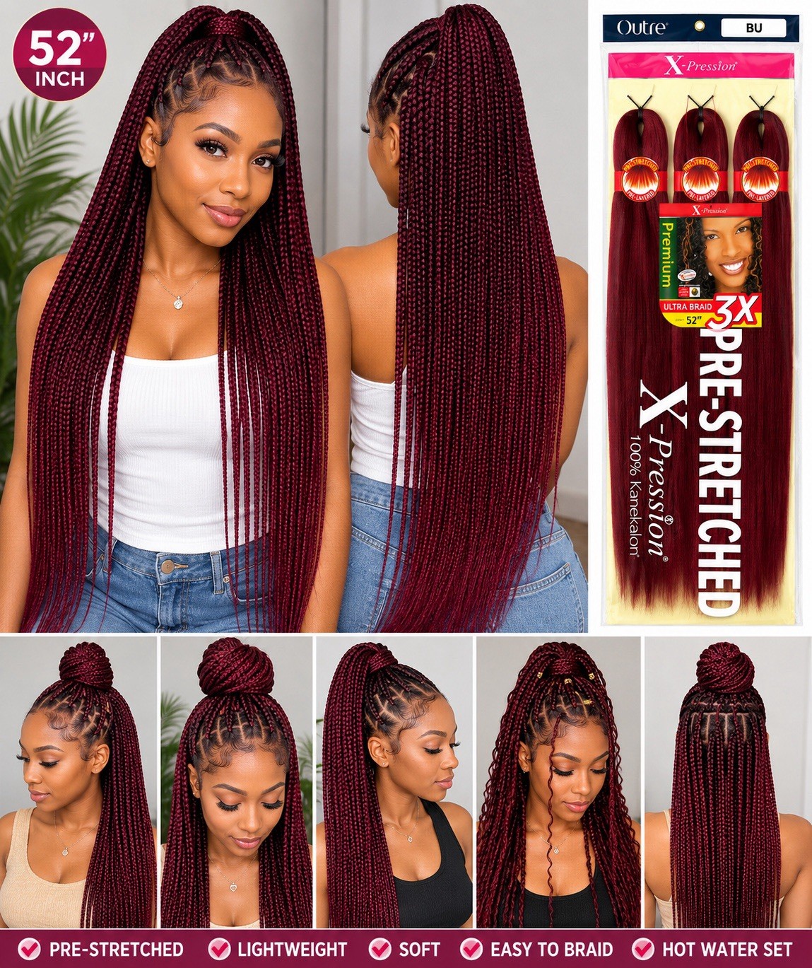 Outre X-Pression Ultra Braid 3X Pre-Stretched 52in Synthetic Burgundy BU