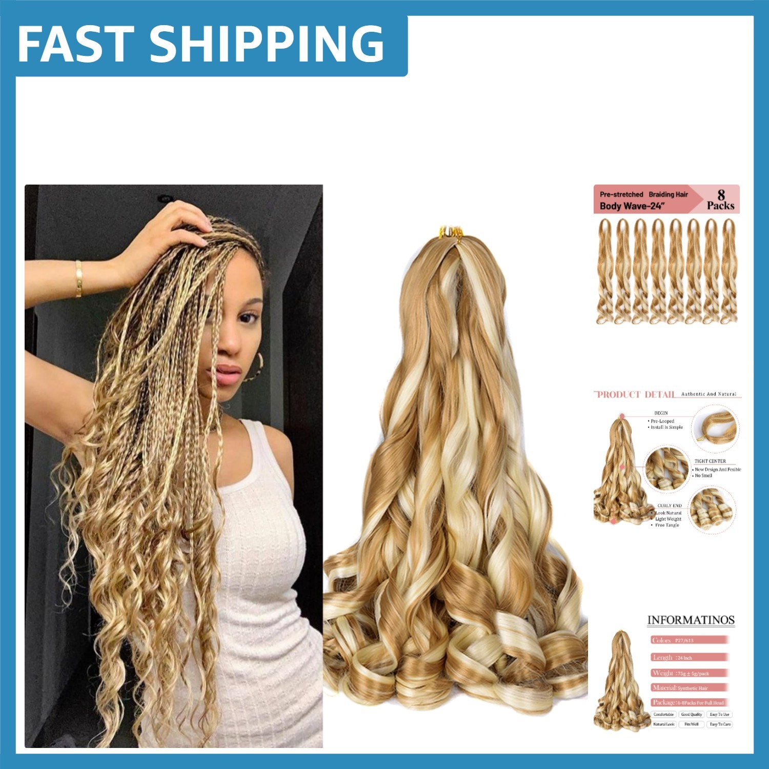 Soft & Silky 24-Inch Bouncy Crochet Hair – 8 Packs of Synthetic Curls