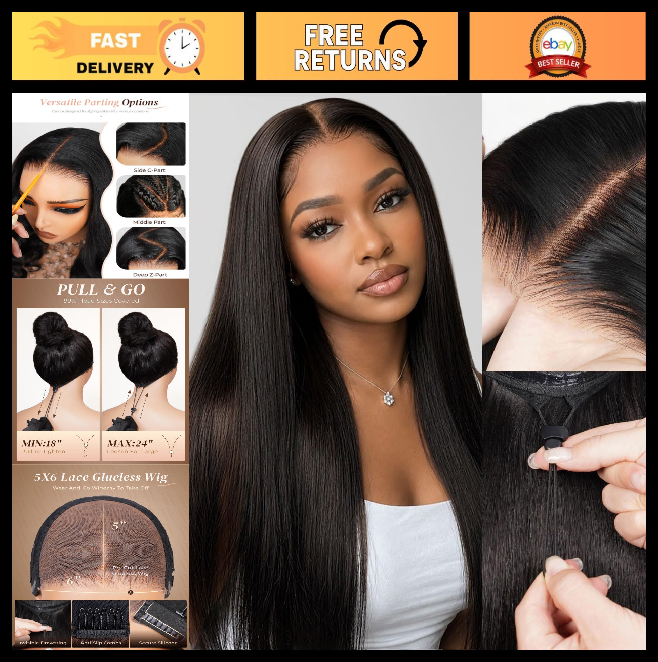 100% Human Hair Glueless Wig – 20″ Straight HD Lace Front, Pre-Plucked, 210% Den
