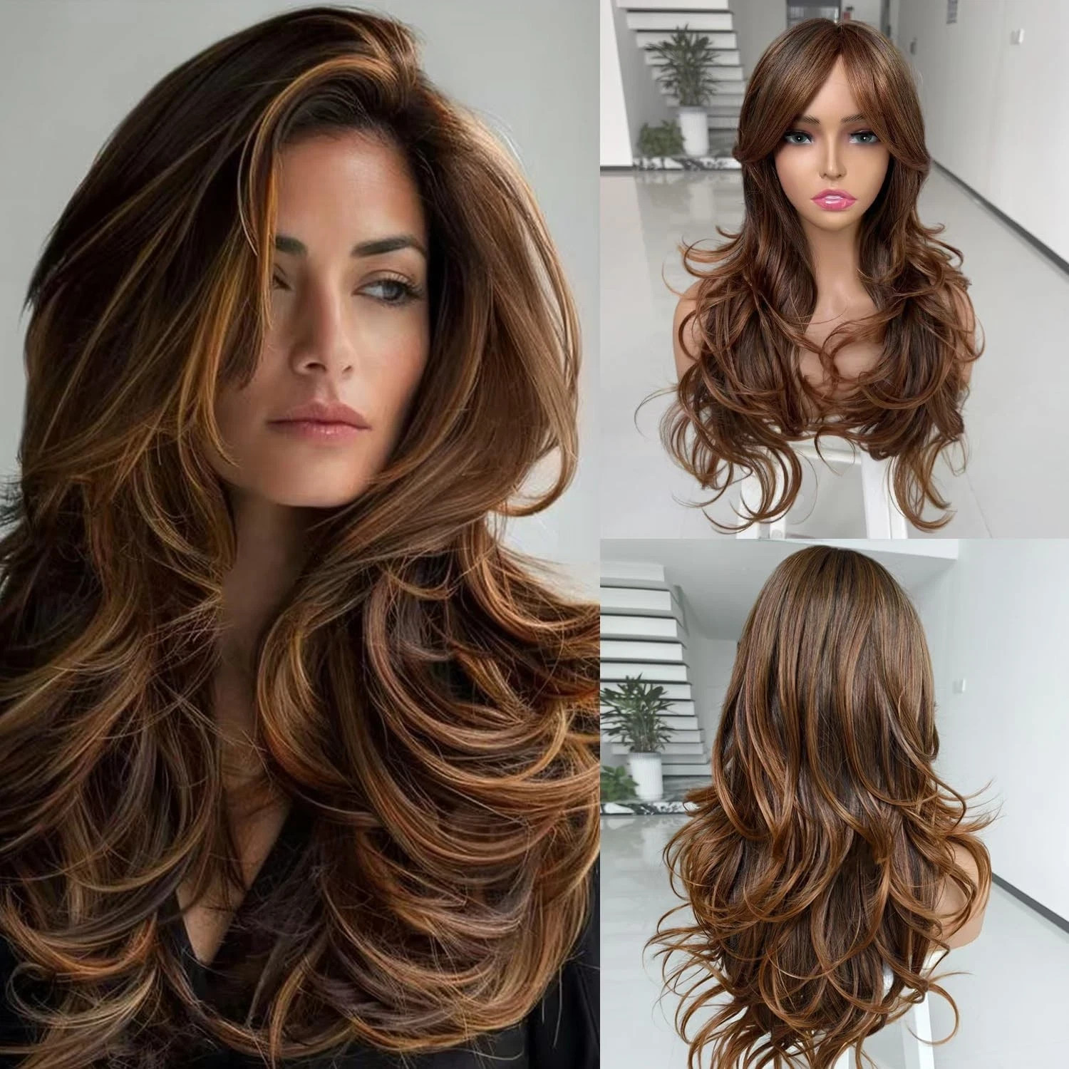 Ombre Brown Highlight Layered Wavy Wigs with Curtain Bangs for Black White Wo