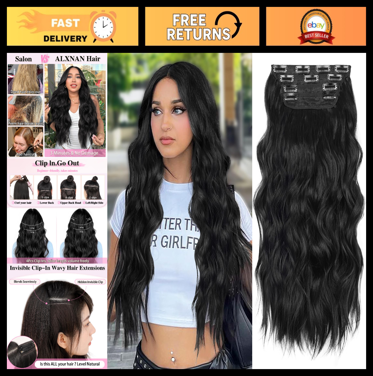 Long Wavy Synthetic Hair Extensions 24″ Black 4PCS Thick Double Weft Hairpieces