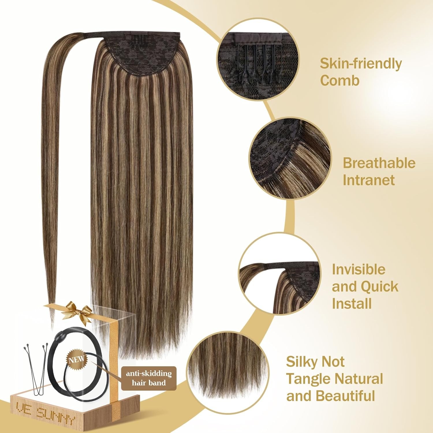 Sunny Hair PONYTAIL 20in Medium Brown Highlighted Caramel Blonde Hair Extensions