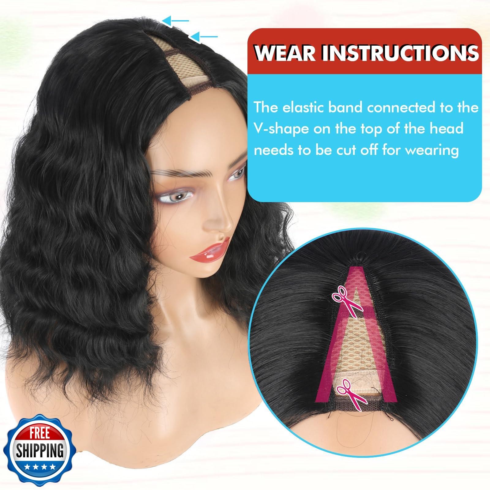 KRSI V Part Bob Wigs Short Black V U Part Wig No Sew in Glueless Clip in Hair