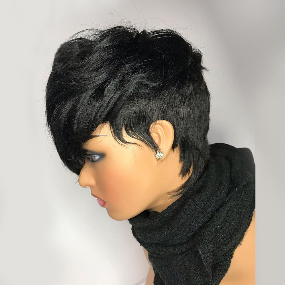 Short Pixie Cut Wig Black Layered Wavy Hair with Bangs Real Pixie Human Hair Wig