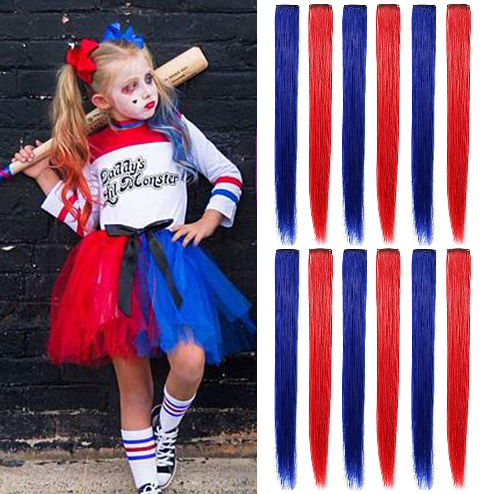 12 PCS Red and Blue Hair Extensions Clip in,Colored Party 21inch Highlights Stra