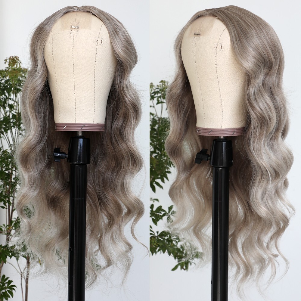 Long Wavy Synthetic Wig Mixed Brown Blonde Color Hair Highlight Lace Front Wigs