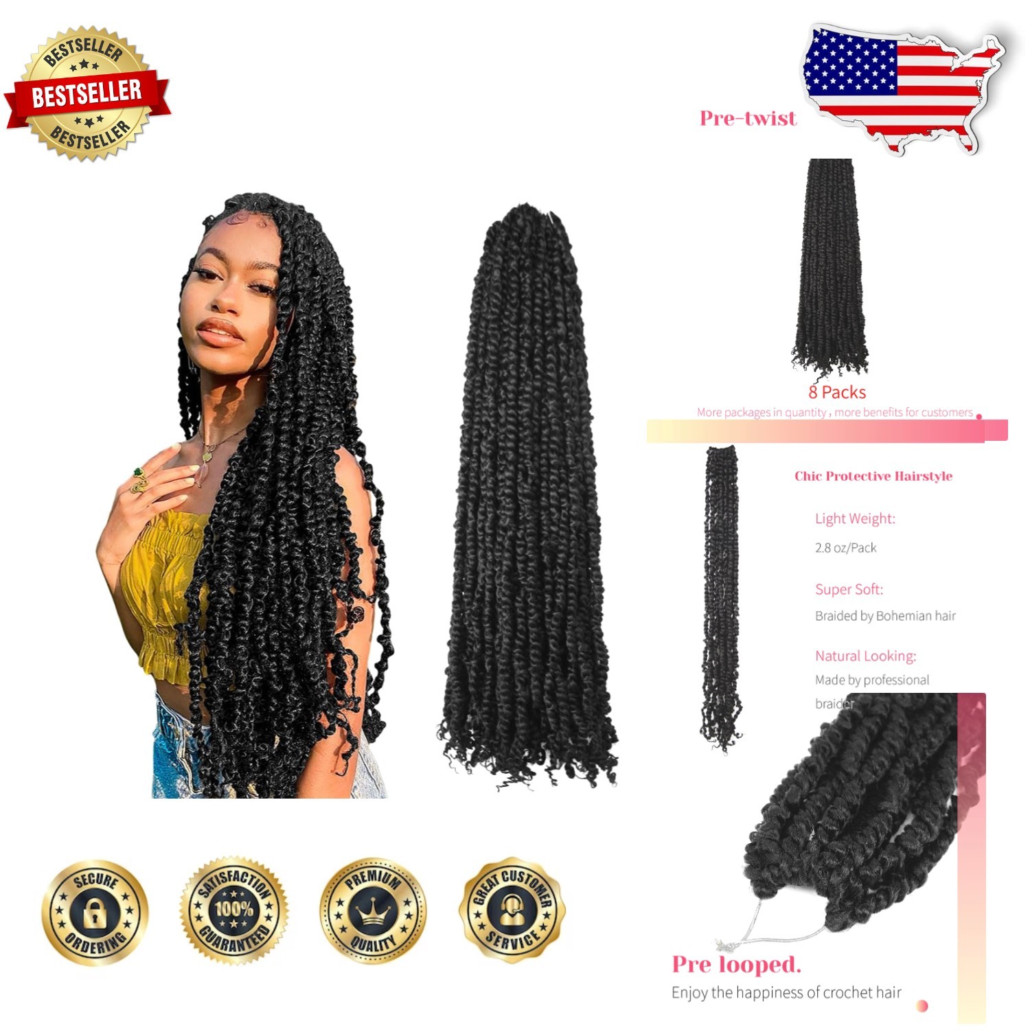 Pre-looped 30″ Passion Twist Crochet Hair 8 Packs 1B Synthetic Boho Tangle-Free