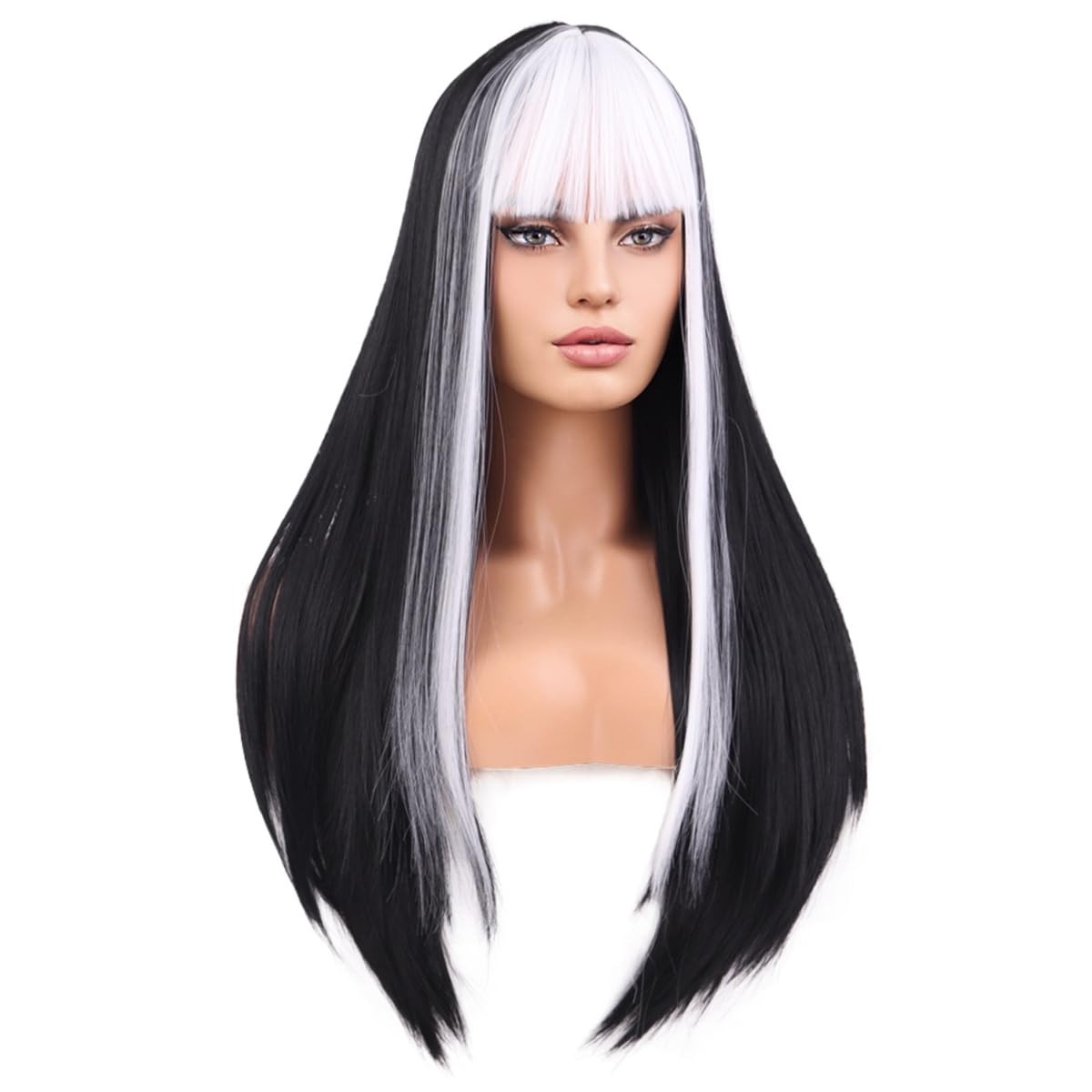 Black White Wig for Women Long Straight Black and White Wig with Bangs Synthe…