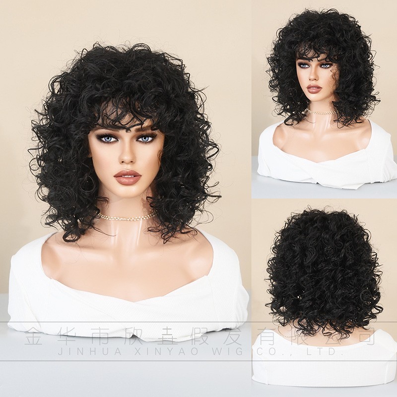 Custom Short Tight Curly Wig with Bangs Rose Net Cap Machine Made Synthetic