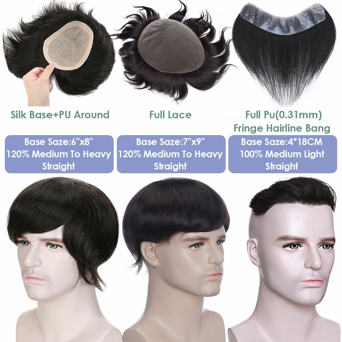 Men Toupee Human Hair Replacement System V-loop Super Thin Skin PU Hairpiece Wig