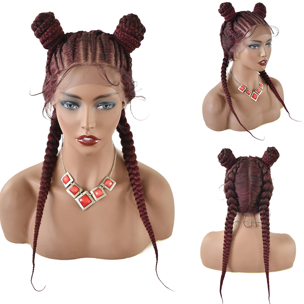 Swiss Lace Front Cornrow Box Braided Women Wigs Baby Hair 2 Updo Buns Ponytails