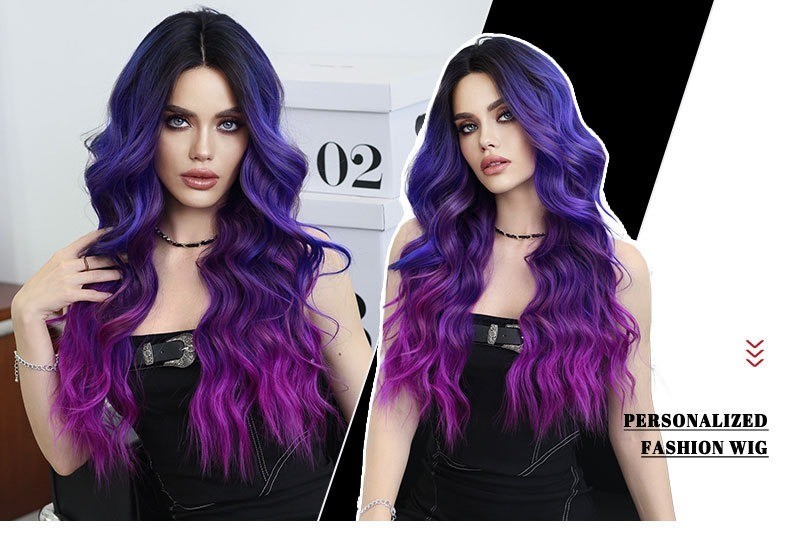 Dreamy purple-blue Lace wig with dreamy purple-blue gradient parted wavy curls