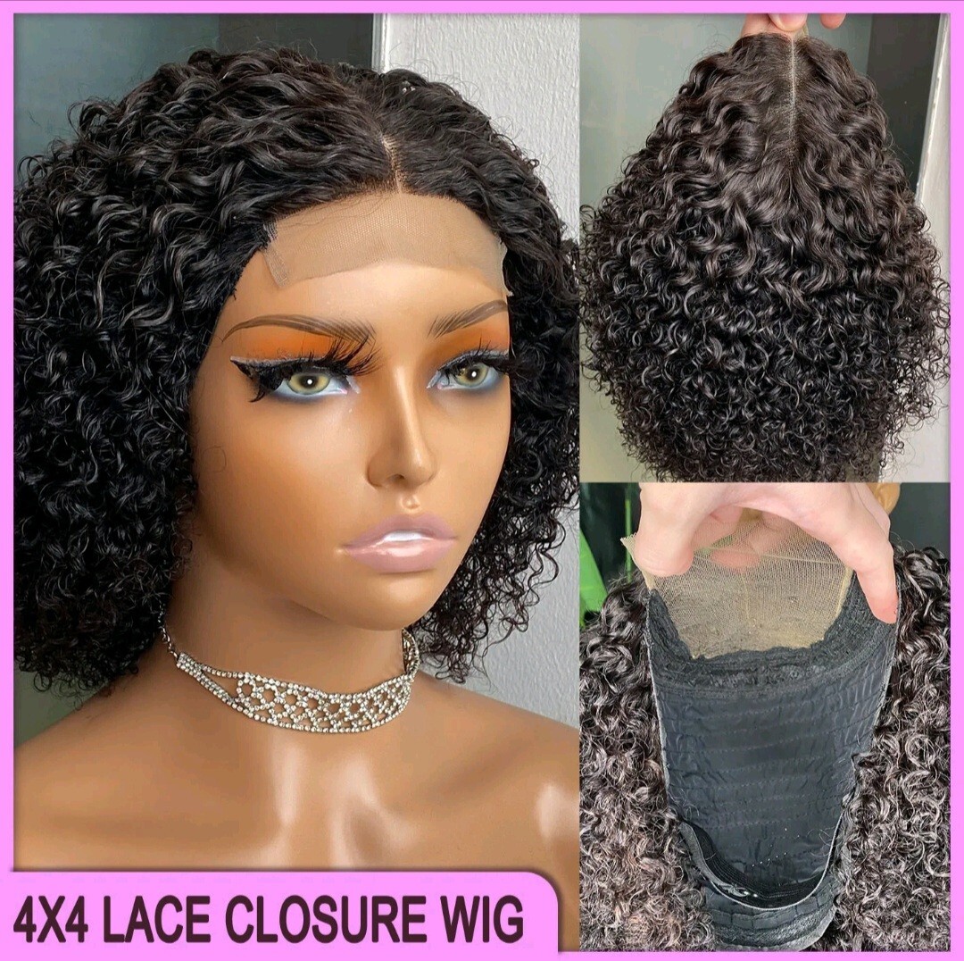 12A 8INCH RAW UNPROCESS PERUVIAN 4X4 SWISS LACE WIG KINKY CURLS 180% DENSITY 1B#