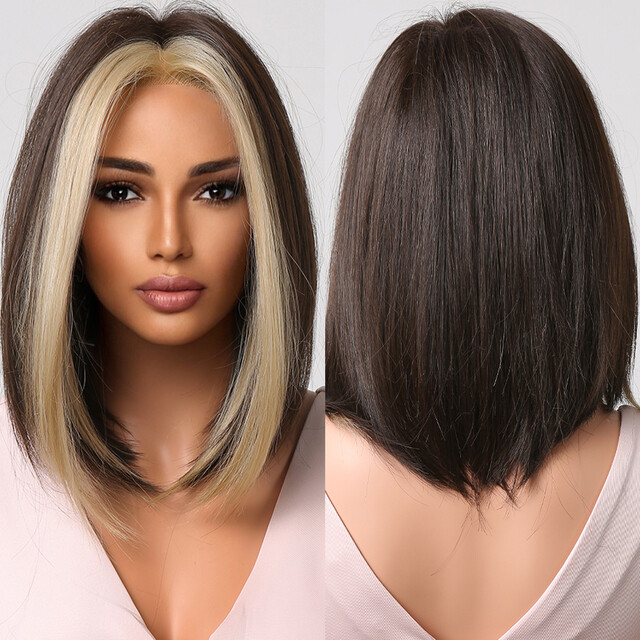 Short Bob Synthetic Wig Black With Blonde Highlights Straight Wigs for Women
