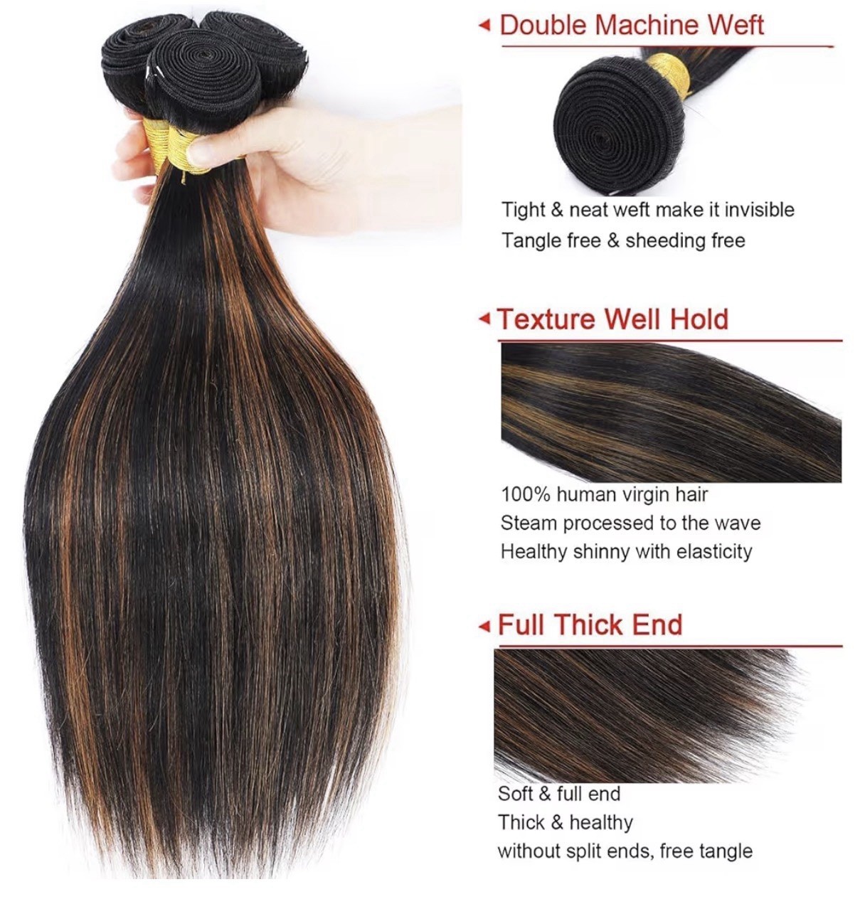 hah Straight Black Golden Brown Human Hair Weft Extensions, Heat Resistant, 3pcs