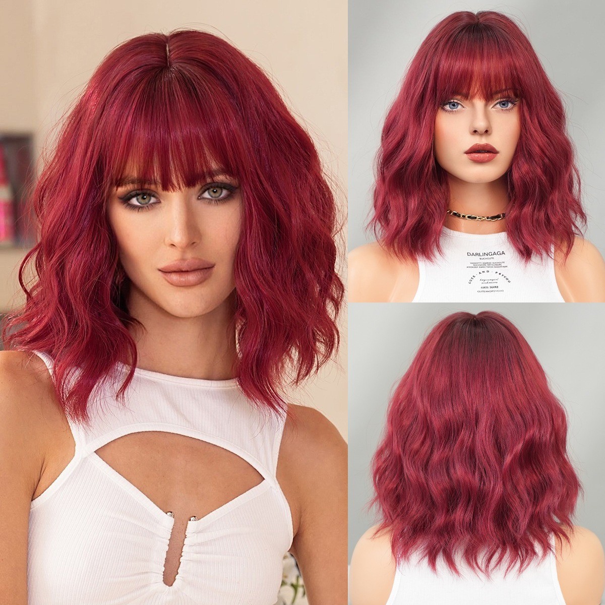 Red wine color 12-inch short curly wig for women with a straight Bob hairstyle