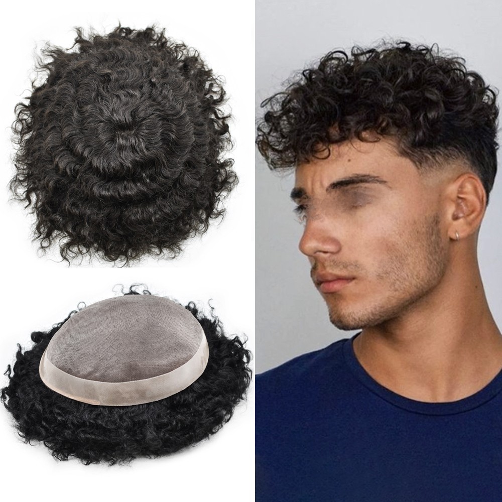 Afro Toupee for Black Men Durable Mono Afro Weave Kinky Curly Mens Wig Hair Unit