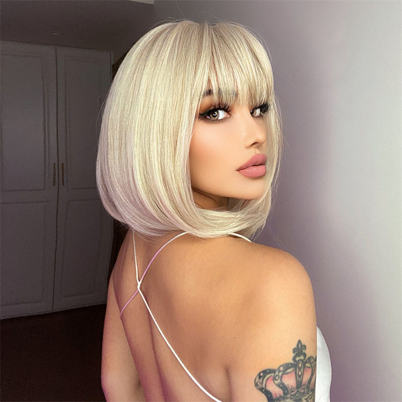 Pink Bobo Short Hair Full Head Cover Gradient Fashion Straight Bangs Wig