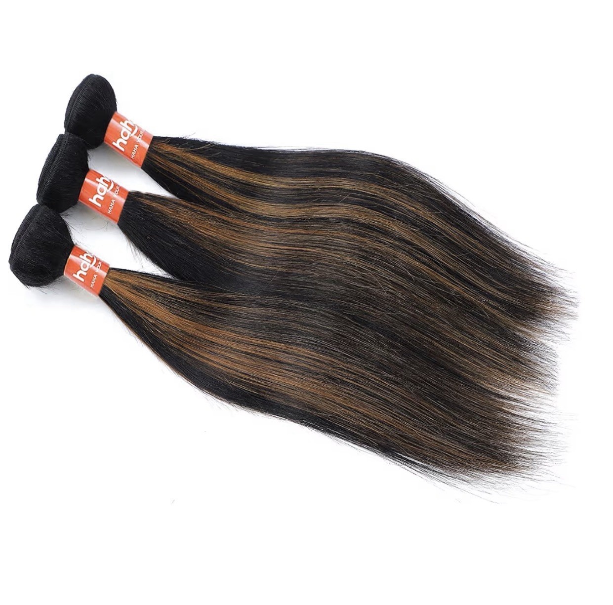 hah Straight Black Golden Brown Human Hair Weft Extensions, Heat Resistant, 3pcs