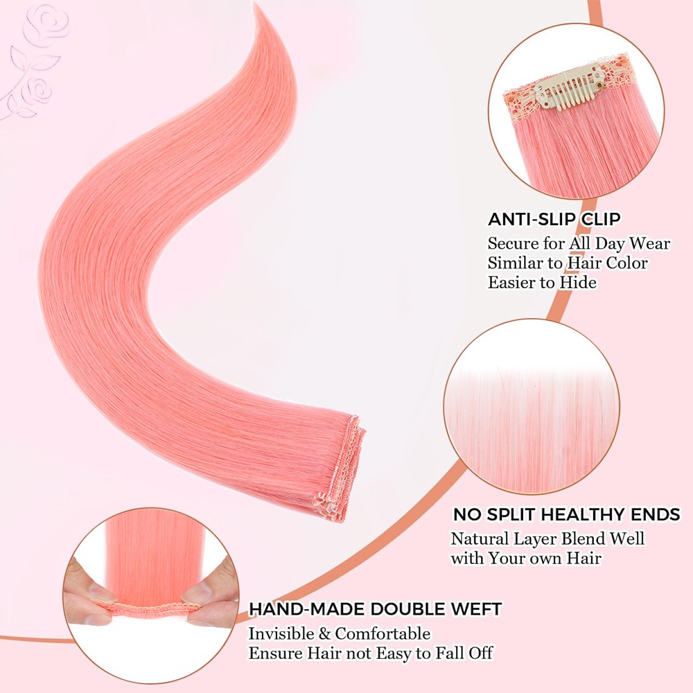 Clip In Real Human Hair Extensions 6Pcs Short Pink Straight Hairpieces for Women