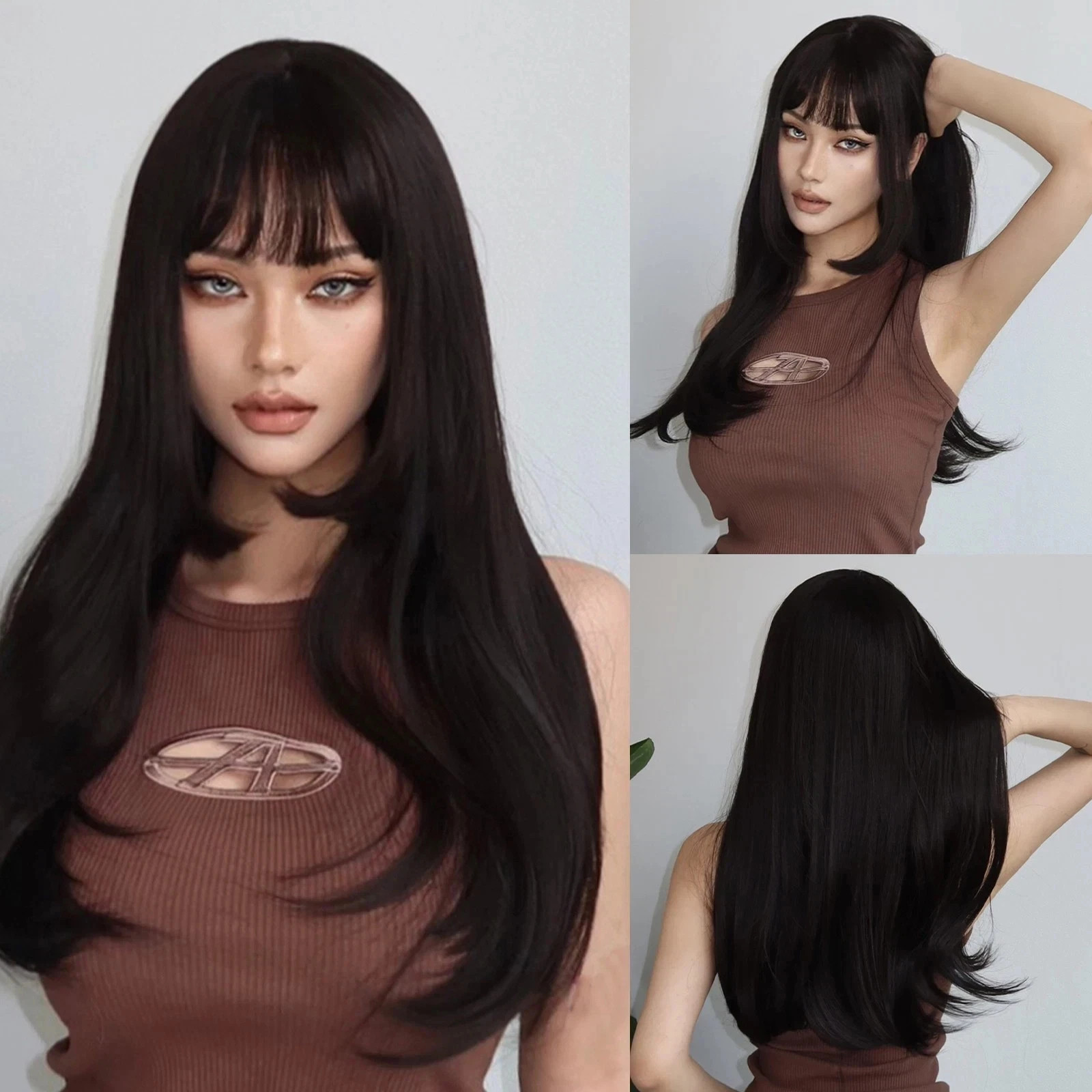 Real Human Hair New Fashion Long Natural Dark Brown Wavy Women’s Full Wigs 24 In