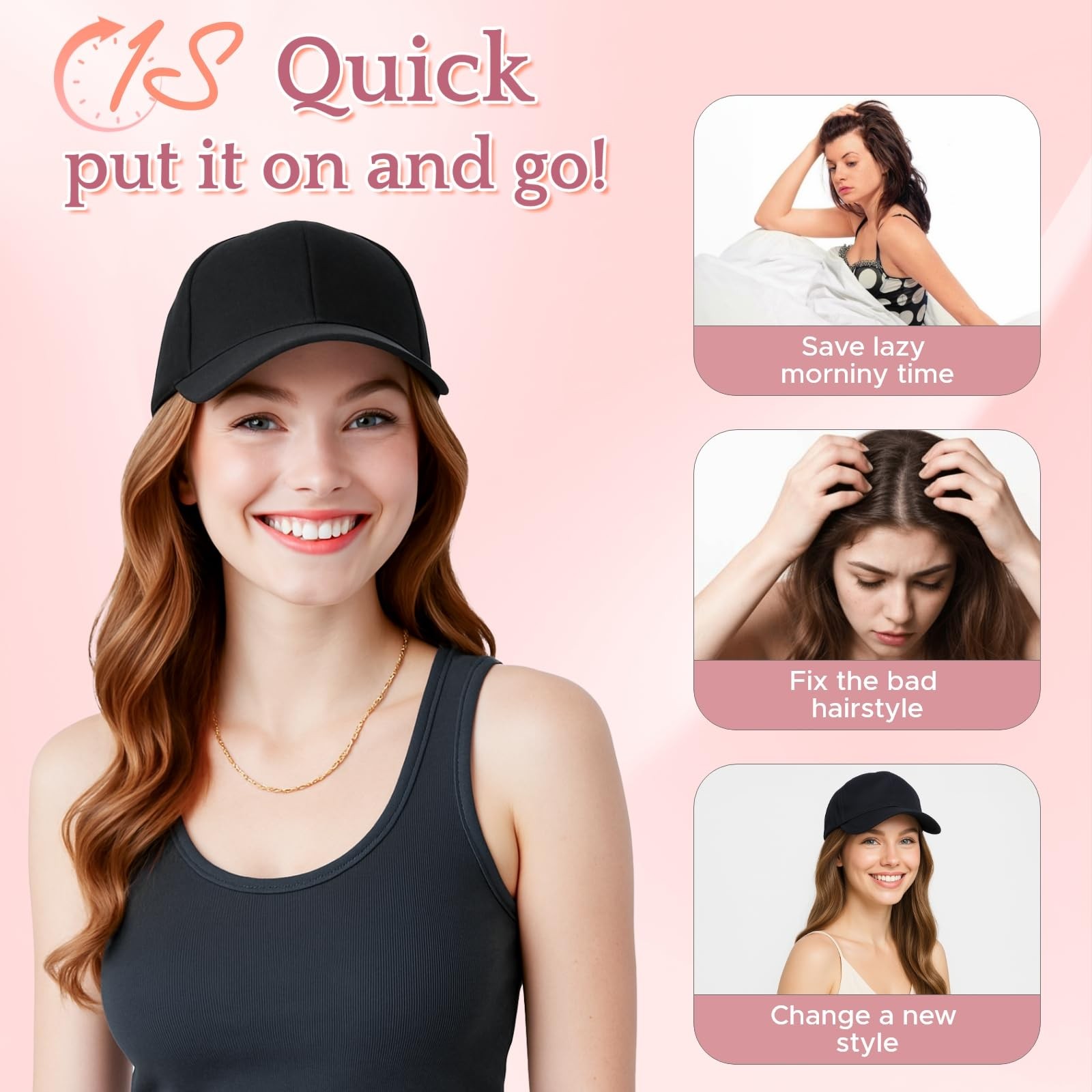 SEGO Hat Wig, Hat with Hair Attached for Women Black Baseball Cap with Hair E…