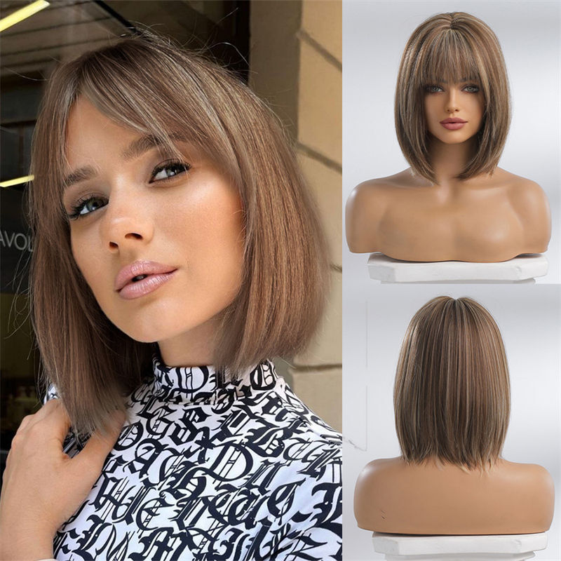 Pink Bobo Short Hair Full Head Cover Gradient Fashion Straight Bangs Wig