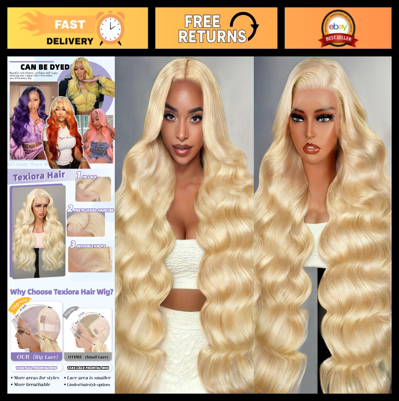 32″ 200 Density Blonde Lace Front Wig, Pre-Plucked Hairline, Body Wave, HD Lace