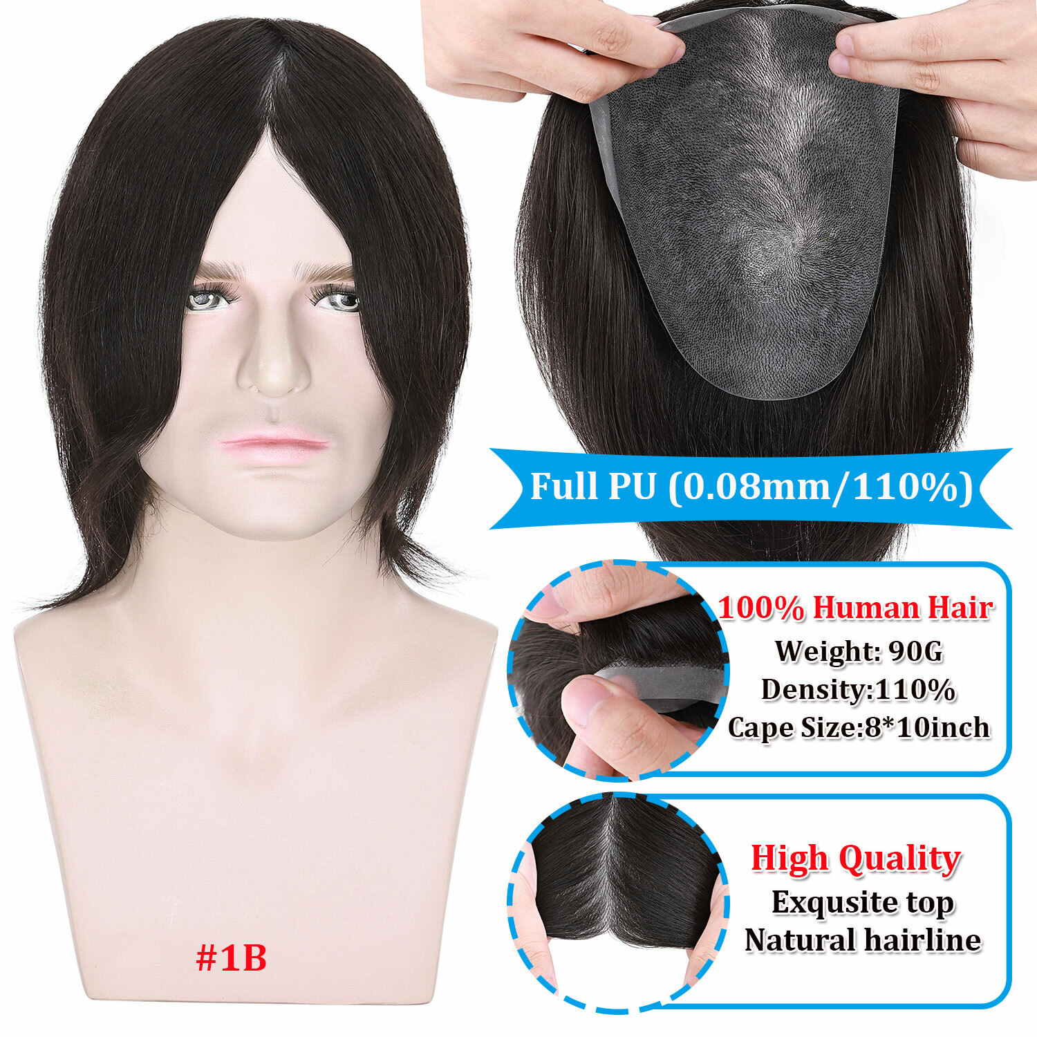 Mono PU Thin Skin Toupee Remy 100% Human Hair Hairpiece Wig Replacement System H