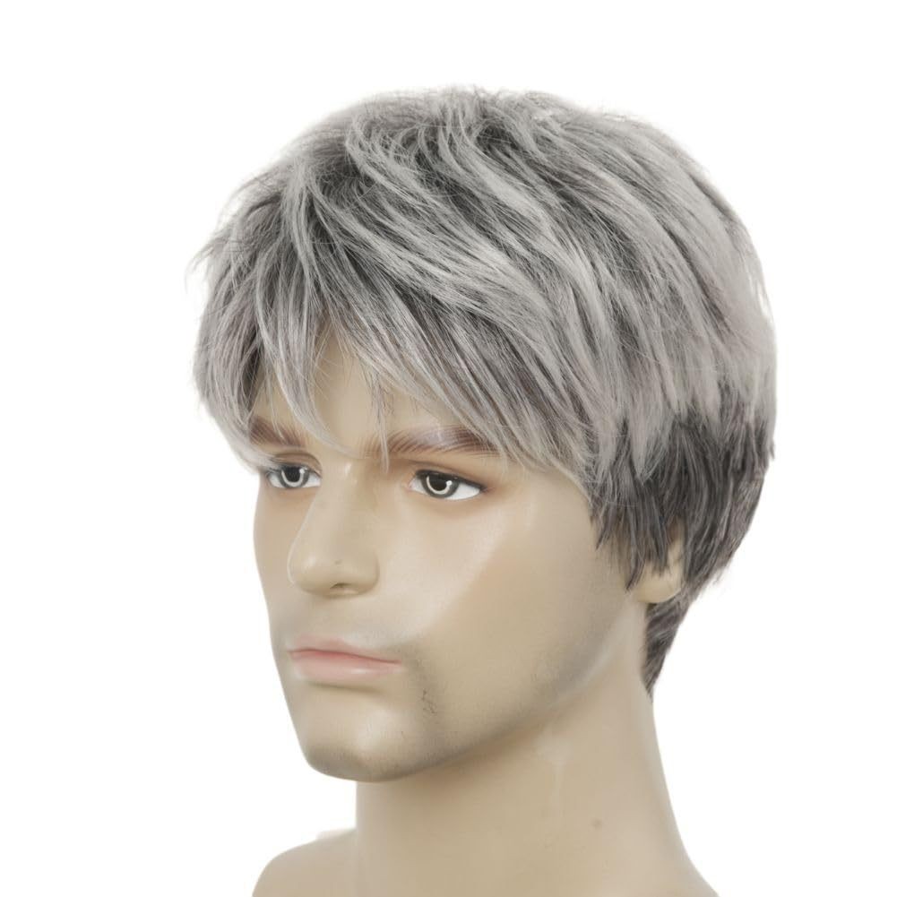 Men’s Layered Gray Short Wig European American Style Synthetic Full Wig Daily