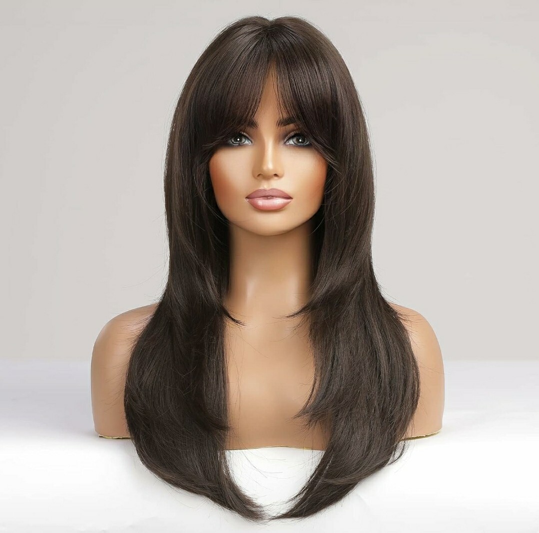 Wig – Human Hair Blend – Long Straight Layered Dark Brown Bangs Heat Resistant