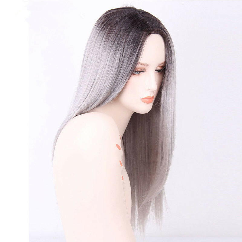 Long Straight Middle Part Wig Black Grey Blue Heat Resistant Synthetic Hair USA