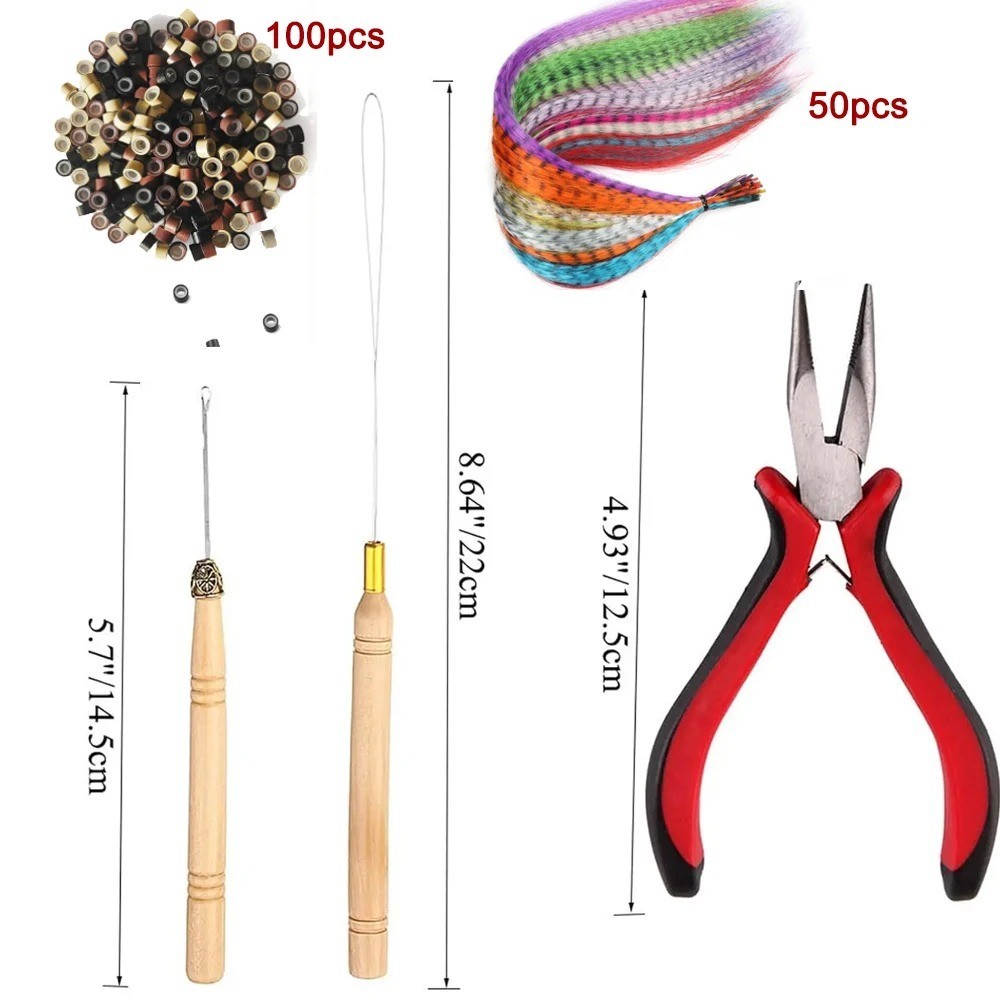 50pcs Grizzly Synthetic Feather Straight Hair Extensions 40cm With 100 Beads Set