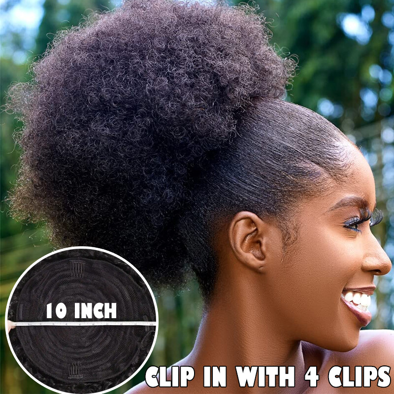 Afro Puff Drawstring Ponytail Human Hair Extensions Bun Chignon Updo Curly 10″