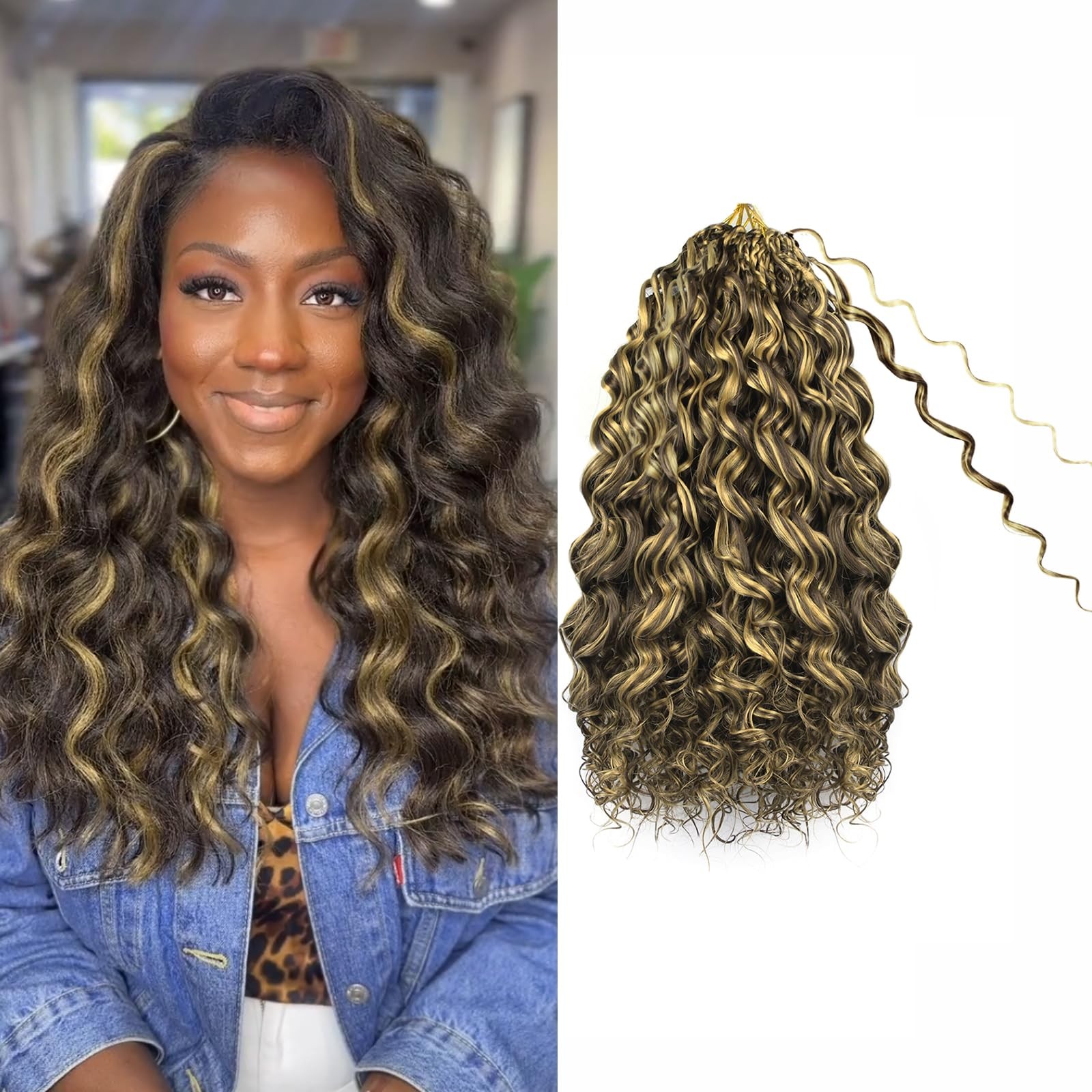 Pre Looped Ocean Wave Crochet Hair 14 Inch 8 Packs Boho Ocean Deep Water Wave…