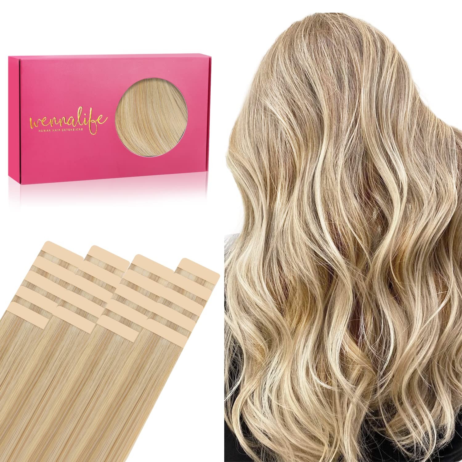 WENNALIFE Tape in Hair Extensions Human Hair, 20pcs 50g 18 inch Light Blonde