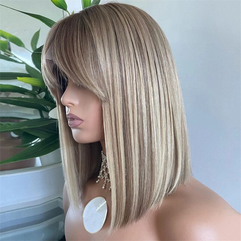 Highlight Bob Wig Ombre Blonde Short Straight Human Hair T Part Lace Front Wig