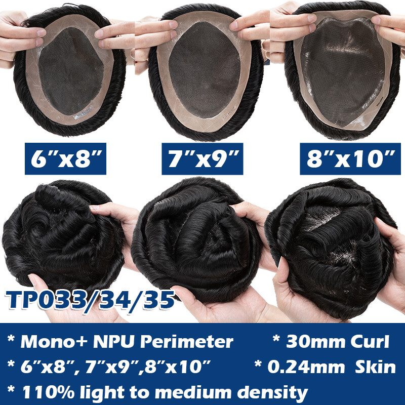 Durable Mens Toupee Human Hair Replacement System Hairpiece Fine Mono Poly Skin