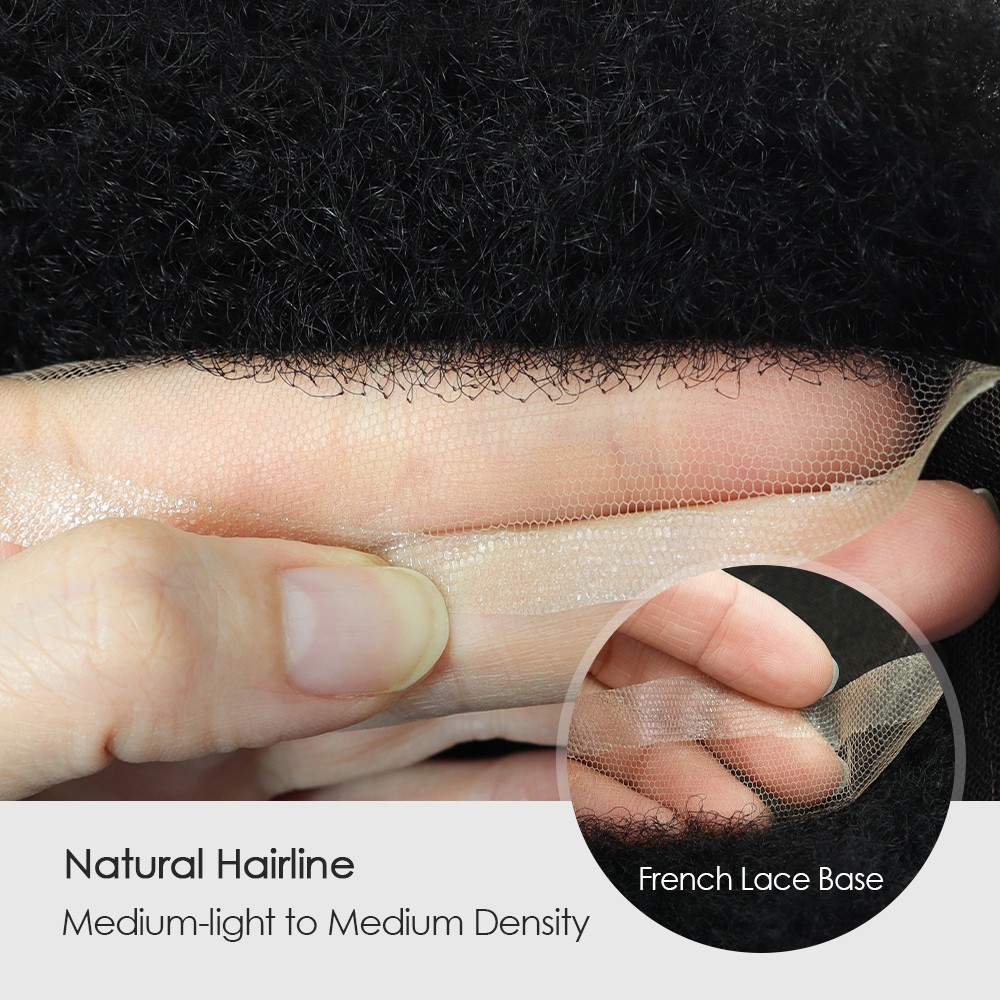 Mens Toupee Human Hair Afro Curl 6mm Full Lace Wig for Men Black Hair System #1B