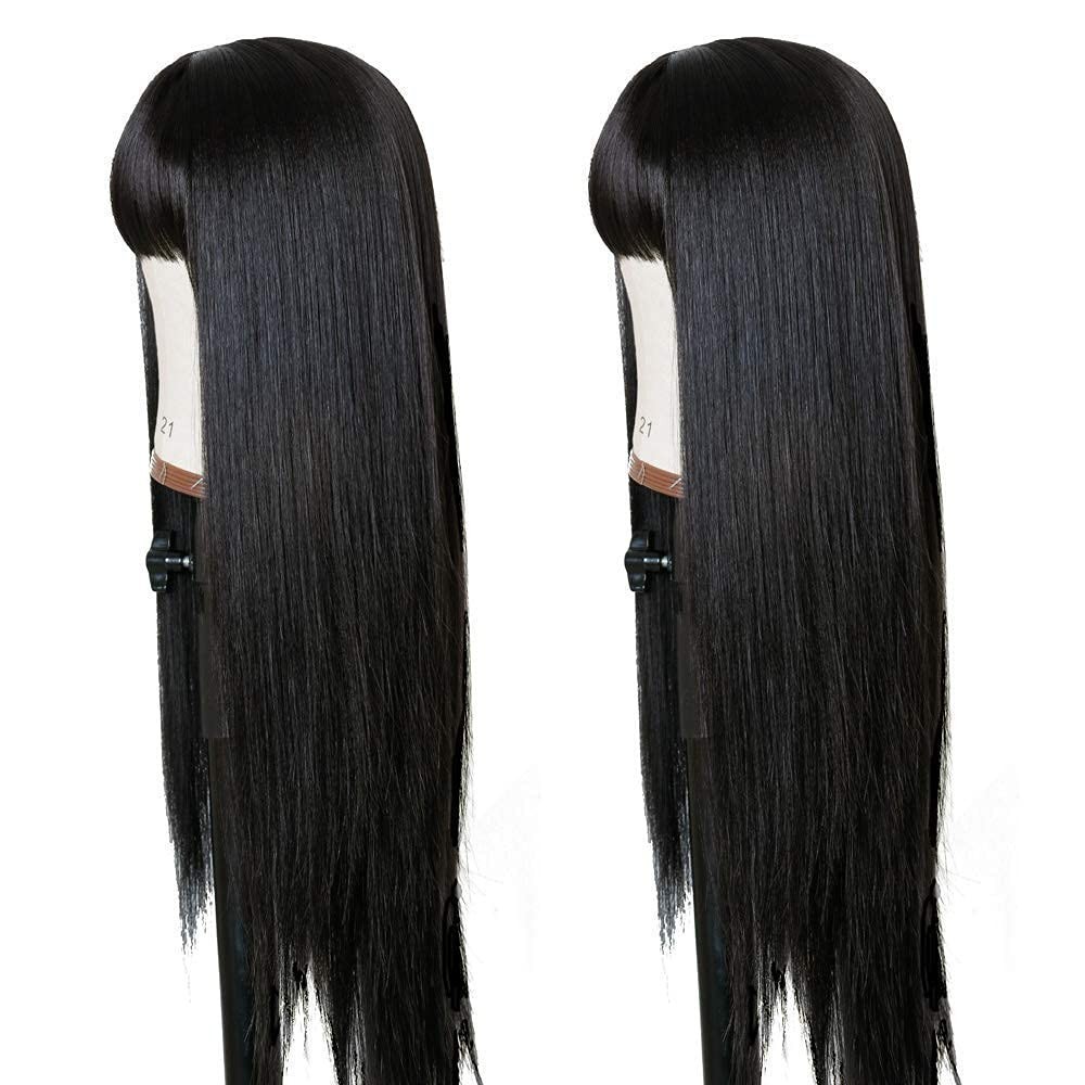 Full Machine-Made 24-Inch Natural Black Wig with Bangs – Versatile & Comfortable