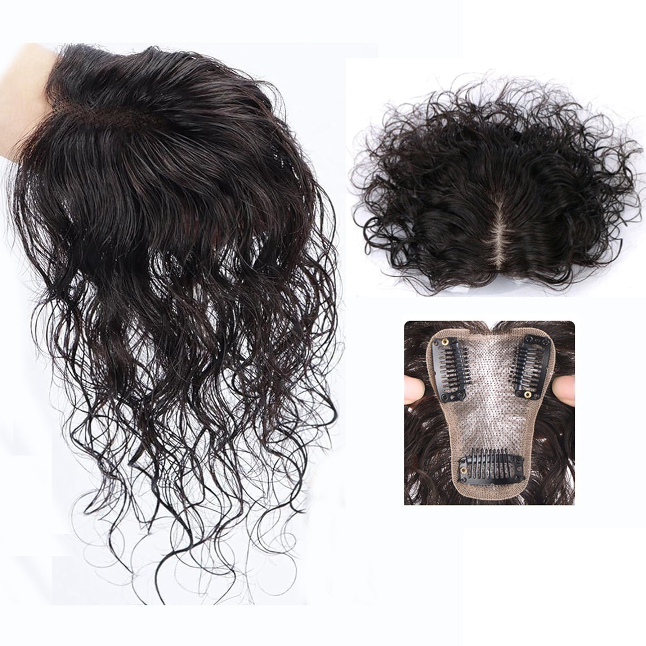 Short Fluffy Curly Wavy Clip In Human Hair Toppers For Thin Hair Top Replacement
