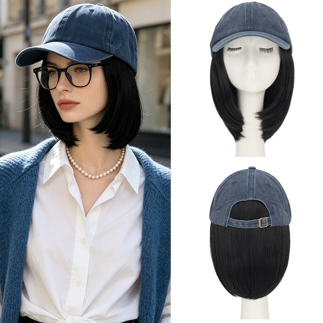 Women Hat Wigs with Synthetic Hair Hairpieces 6″ Short Bob Baseball Cap Wig hair