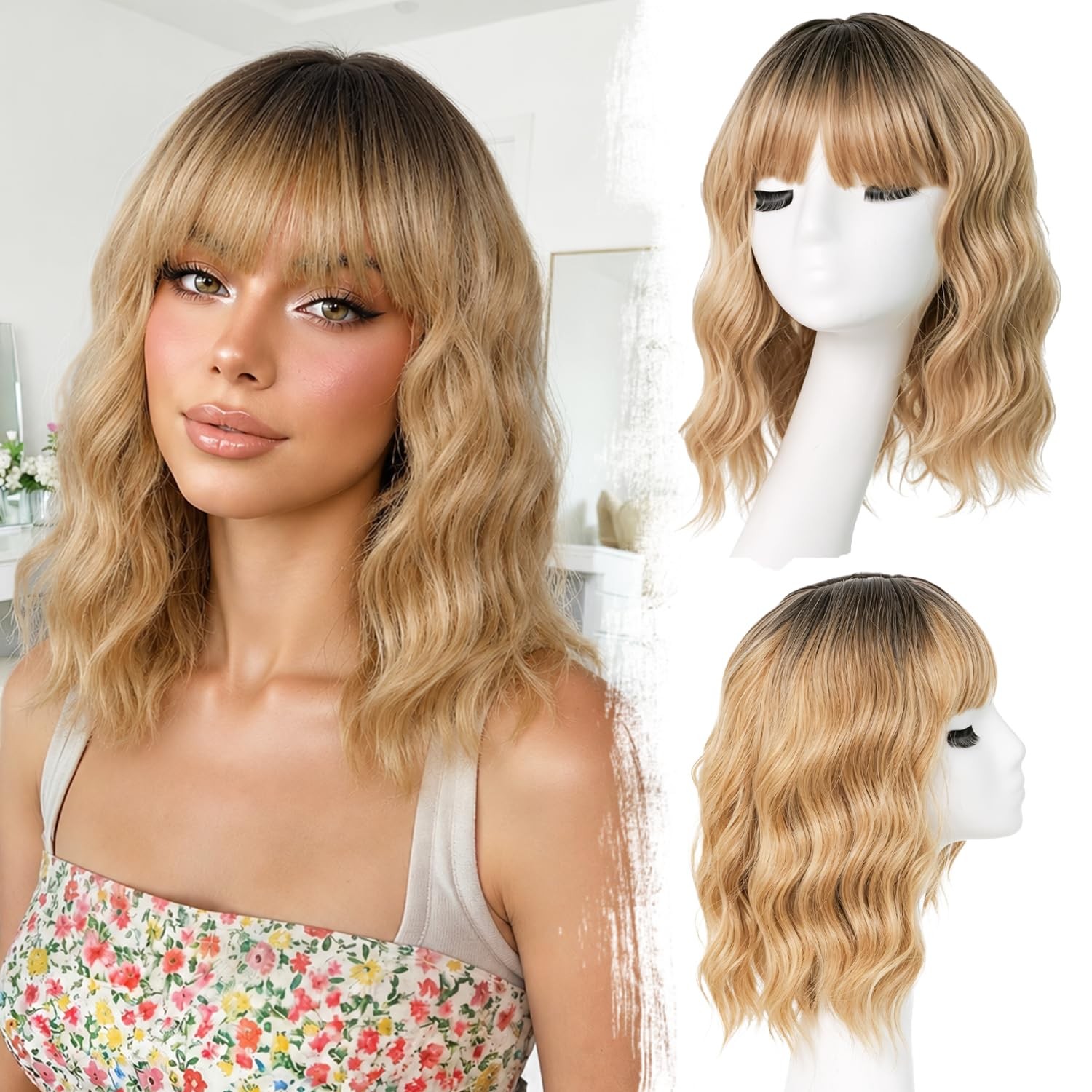 Black Mixed Brown Wig with Bangs Short Wavy Bob Wigs for Women Synthetic 14 Inch