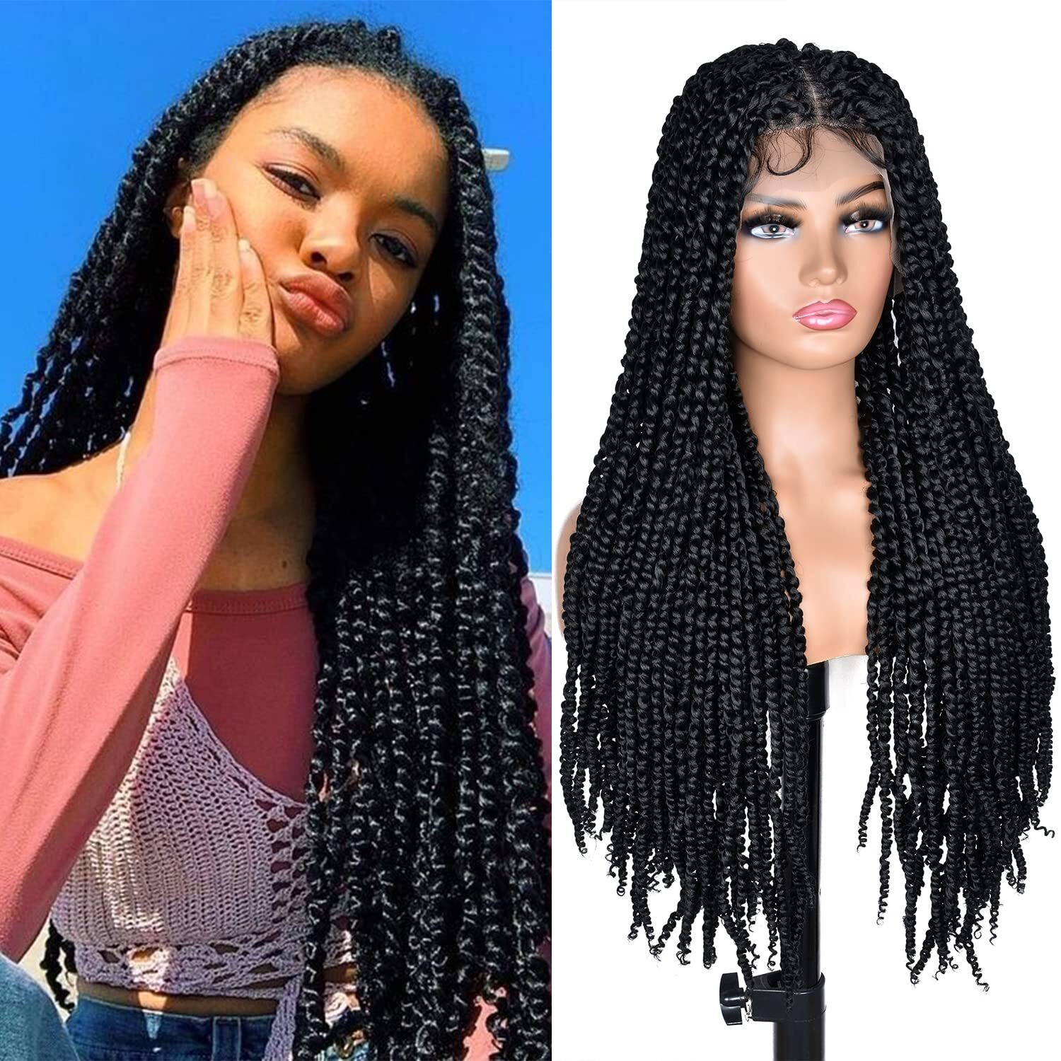 Passion Twist Braiding hair 26inch Black Full Lace Faux Locs wigs with Baby Hair