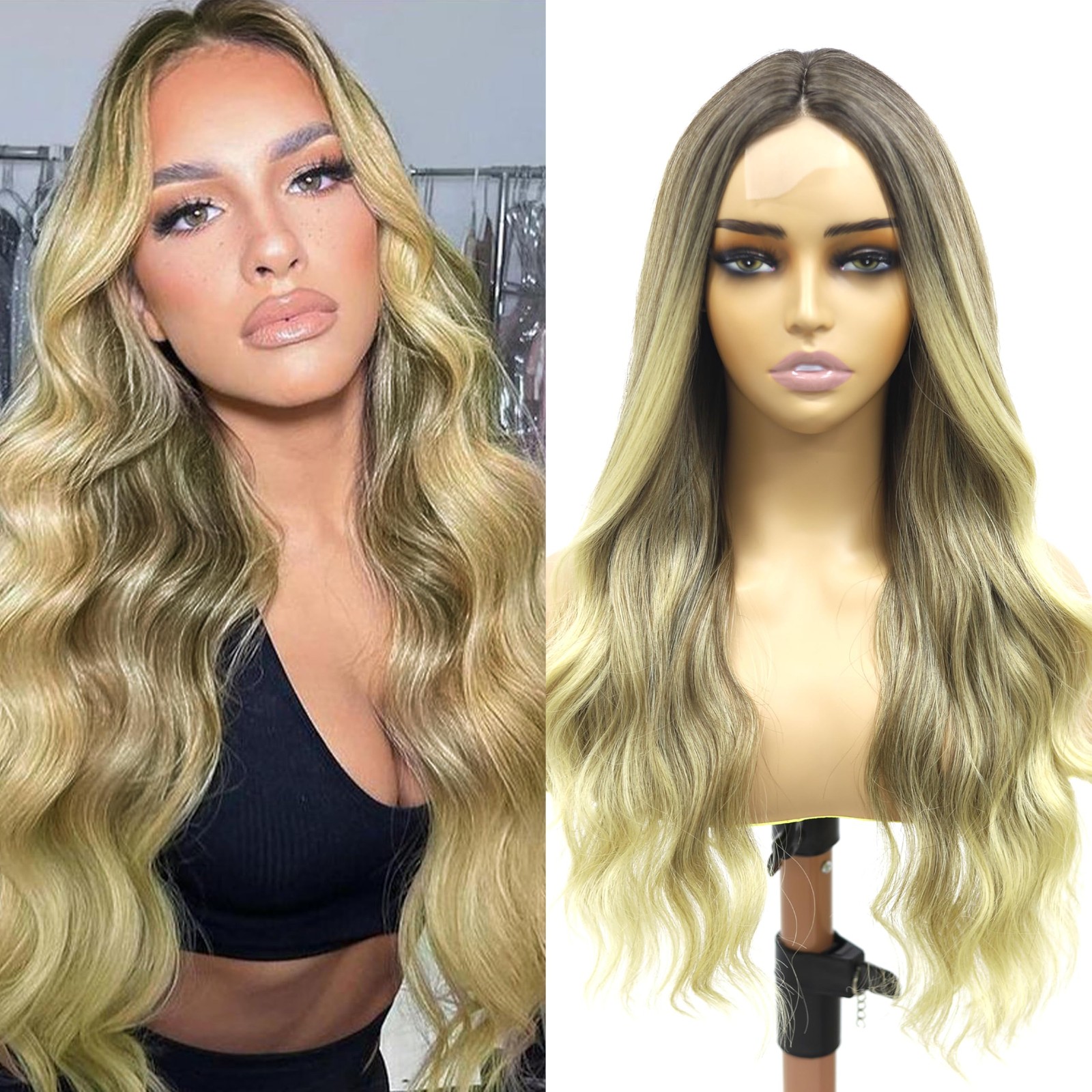 Long Ombre Dark Root Blonde Wavy 4×1 Lace Natural Hairline Middle Part Curly …